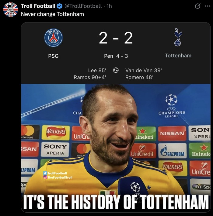 Meme Tottenham Hotspur kalah di Piala Super Eropa 2025, kena comeback dari Paris Saint-Germain.