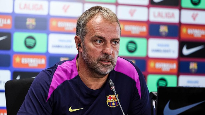 SANT JOAN DESPI, SPAIN - AUGUST 15: Hansi Flick, head coach of FC Barcelona attends his press conference during the training day of FC Barcelona ahead the Spanish League, La Liga EA Sports, football match against RCD Mallorca at Ciudad Esportiva Joan Gamper on August 15, 2025 in Sant Joan Despi, Barcelona, Spain. (Photo By Javier Borrego/Europa Press via Getty Images)