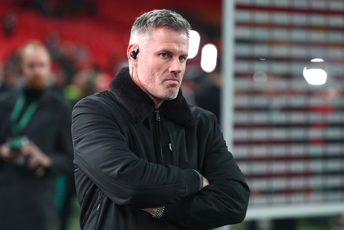 LONDON, ENGLAND - MARCH 16:   Jamie Carragher looks on at the end of the Carabao Cup Final between Liverpool and Newcastle United at Wembley Stadium on March 16, 2025 in London, England. (Photo by Chris Brunskill/Fantasista/Getty Images)