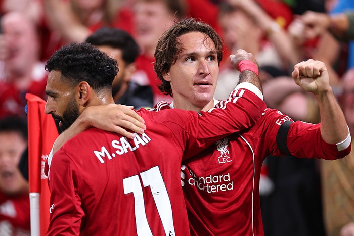 Federico Chiesa LIVERPOOL, ENGLAND - AUGUST 15: Federico Chiesa of Liverpool celebrates after scoring a goal to make it 3-2 during the Premier League match between Liverpool and Bournemouth at Anfield on August 15, 2025 in Liverpool, England. (Photo by Robbie Jay Barratt - AMA/Getty Images)