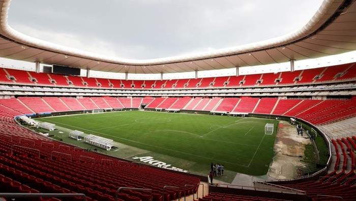 A general view shows the new turf installed on the field of the Akron stadium, which will be one of the three venues in Mexico for the 2026 FIFA World Cup in North America, during a presentation to the media, near Guadalajara, Mexico July 22, 2025. REUTERS/Michelle Freyria
