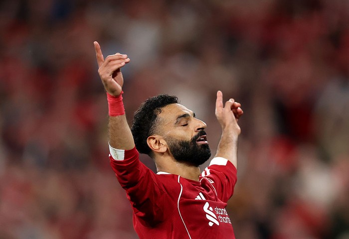 LIVERPOOL, ENGLAND - AUGUST 15: Mohamed Salah of Liverpool celebrates scoring his team's fourth goal during the Premier League match between Liverpool and Bournemouth at Anfield on August 15, 2025 in Liverpool, England. (Photo by Michael Steele/Getty Images)