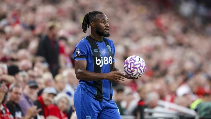 LIVERPOOL, ENGLAND - AUGUST 15: Antoine Semenyo of Bournemouth during the Premier League match between Liverpool and Bournemouth at Anfield on August 15, 2025 in Liverpool, England. (Photo by Robin Jones - AFC Bournemouth/AFC Bournemouth via Getty Images)