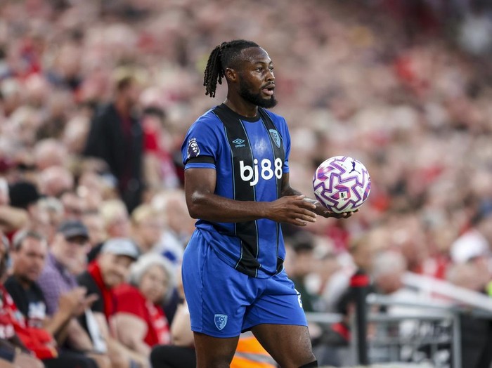 LIVERPOOL, ENGLAND - AUGUST 15: Antoine Semenyo of Bournemouth during the Premier League match between Liverpool and Bournemouth at Anfield on August 15, 2025 in Liverpool, England. (Photo by Robin Jones - AFC Bournemouth/AFC Bournemouth via Getty Images)