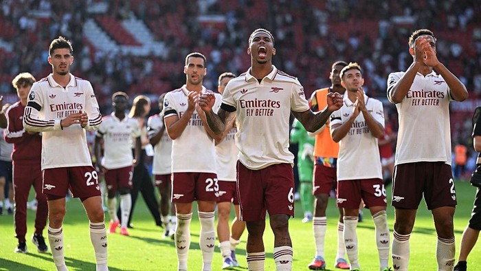MANCHESTER, ENGLAND - AUGUST 17: Gabriel of Arsenal celebrates victory following the Premier League match between Manchester United and Arsenal at Old Trafford on August 17, 2025 in Manchester, England. (Photo by Stuart MacFarlane/Arsenal FC via Getty Images)