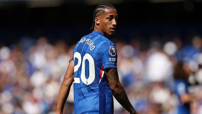  Joao Pedro of Chelsea reacts during the Premier League match between Chelsea and Crystal Palace at Stamford Bridge on August 17, 2025 in London, England. (Photo by Ryan Pierse/Getty Images)