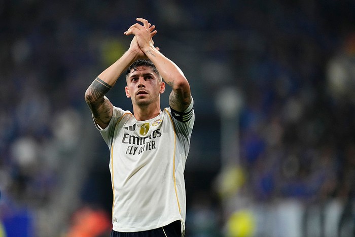 Federico Valverde central midfield of Real Madrid and Uruguay celebrates the victory after winning the La Liga EA Sports match between Real Oviedo and Real Madrid CF at Carlos Tartiere on August 24, 2025 in Oviedo, Spain. (Photo by Jose Breton/Pics Action/NurPhoto via Getty Images)
