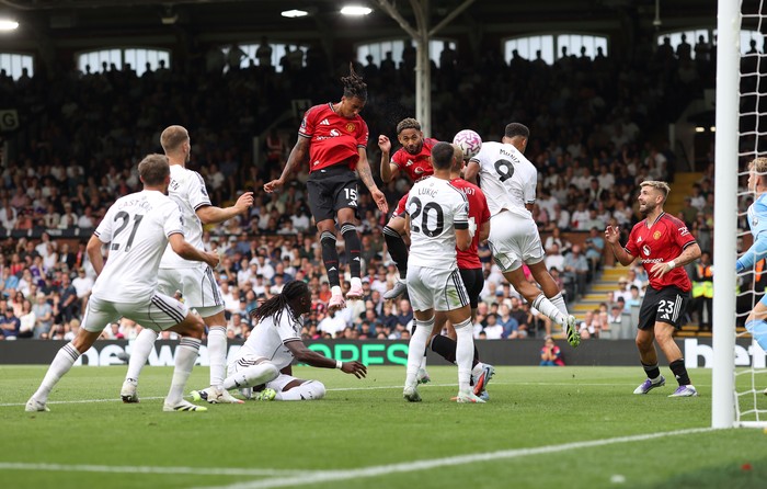 LONDON, ENGLAND - AUGUST 24: Leny Yoro of Manchester United scores the opening goal during the Premier League match between Fulham and Manchester United at Craven Cottage on August 24, 2025 in London, England. (Photo by Charlotte Wilson/Offside/Offside via Getty Images)