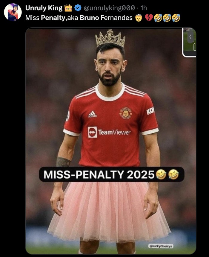 Meme Bruno Fernandes gagal cetak gol penalti saat menghadapi Fulham di Liga Inggris.