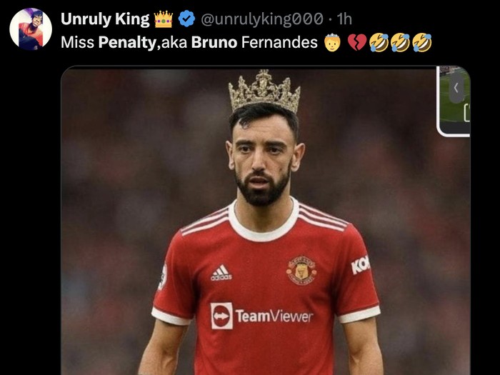 Meme Bruno Fernandes gagal cetak gol penalti saat menghadapi Fulham di Liga Inggris.