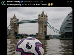 Bola tembakan penalti Bruno Fernandes juga diolok-olok nyasar sampai ke Sungai Thames di London. (Foto: Twitter)