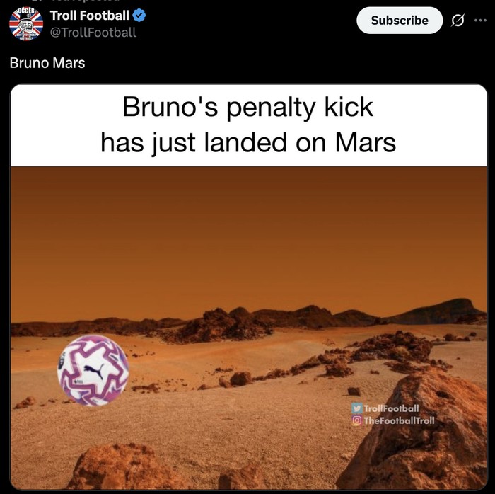 Meme Bruno Fernandes Meme Bruno Fernandes gagal cetak gol penalti saat menghadapi Fulham di Liga Inggris.