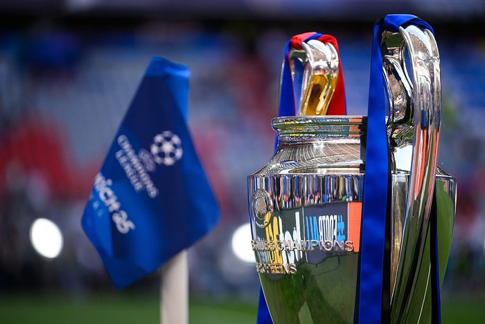 MUNICH, GERMANY - MAY 31: The UEFA Champions League logo on a corner flag and the UEFA Champions League trophy are seen prior to the UEFA Champions League Final 2025 between Paris Saint-Germain and FC Internazionale Milano at Munich Football Arena on May 31, 2025 in Munich, Germany. (Photo by Kevin Voigt/GettyImages)