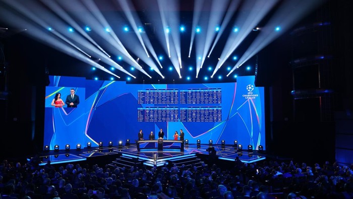 MONACO, MONACO - AUGUST 28: A general view of the stage during the UEFA Champions League 2025/26 League Phase Draw at Grimaldi Forum on August 28, 2025 in Monaco, Monaco.  (Photo by Francesco Scaccianoce - UEFA/UEFA via Getty Images)