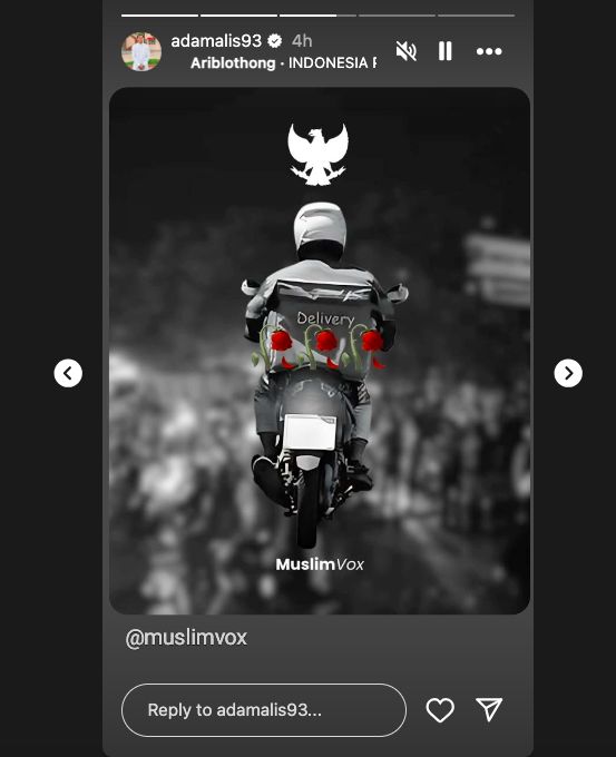 Adam Alis menampilkan pesan duka cita atas kematian Affan Kurniawan.