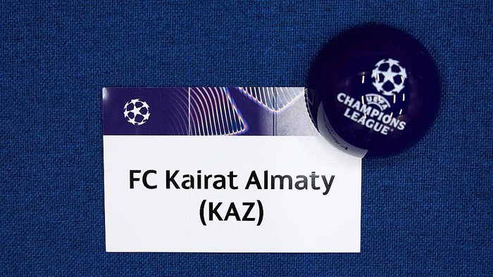 MONACO, MONACO - AUGUST 28: A detailed view of the draw card of FC Kairat Almaty ahead of the 2025/26 European Club Football Season Kick-Off on August 28, 2025 in Monaco, Monaco. (Photo by Francesco Scaccianoce - UEFA/UEFA via Getty Images)