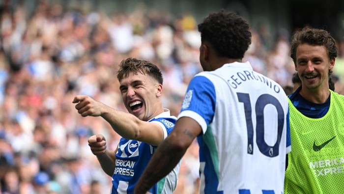 Soccer Football - Premier League - Brighton & Hove Albion v Manchester City - The American Express Community Stadium, Brighton, Britain - August 31, 2025 Brighton & Hove Albions Brajan Gruda celebrates scoring their second goal REUTERS/Tony O Brien EDITORIAL USE ONLY. NO USE WITH UNAUTHORIZED AUDIO, VIDEO, DATA, FIXTURE LISTS, CLUB/LEAGUE LOGOS OR LIVE SERVICES. ONLINE IN-MATCH USE LIMITED TO 120 IMAGES, NO VIDEO EMULATION. NO USE IN BETTING, GAMES OR SINGLE CLUB/LEAGUE/PLAYER PUBLICATIONS. PLEASE CONTACT YOUR ACCOUNT REPRESENTATIVE FOR FURTHER DETAILS..