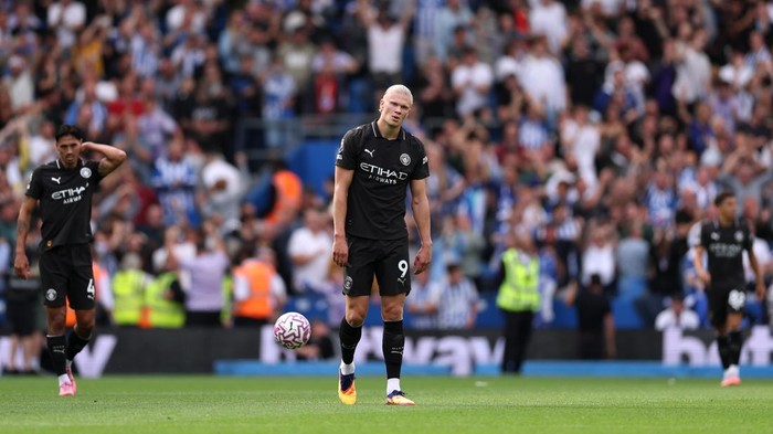 BRIGHTON, ENGLAND - AUGUST 31: Erling Haaland of Manchester City looks dejected after Brajan Gruda of Brighton & Hove Albion (not pictured) scored the teams second goal during the Premier League match between Brighton & Hove Albion and Manchester City at Amex Stadium on August 31, 2025 in Brighton, England. (Photo by Justin Setterfield/Getty Images)