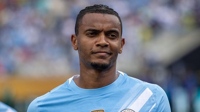 ORLANDO, FLORIDA - JUNE 26: Manuel Akanji #25 of Manchester City FC smirks before the FIFA Club World Cup 2025 group G match between Juventus FC and Manchester City FC at Camping World Stadium on June 26, 2025 in Orlando, United States. (Photo by Eston Parker/ISI Photos/ISI Photos via Getty Images)