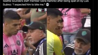Ini momen Luis Suarez meludahi Gene Ramirez usai Inter Miami kalah dari Seattle Sounders di final Leagues Cup. Foto: dok. Internet/X (Twitter)