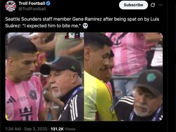 Ini momen Luis Suarez meludahi Gene Ramirez usai Inter Miami kalah dari Seattle Sounders di final Leagues Cup. Foto: dok. Internet/X (Twitter)