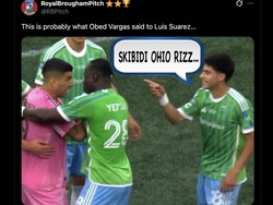 Meme Luis Suarez kena ledekan anak zaman now: skibidi rizz ohio. Aksinya aneh banget deh! Foto: dok. Internet/X (Twitter)