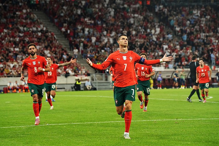 BUDAPEST, HUNGARY - SEPTEMBER 9: Cristiano Ronaldo of Portugal scores and celebrates during the FIFA World Cup 2026 qualifier match between Hungary and Portugal at Puskas Arena on September 9, 2025 in Budapest, Hungary. (Photo by Alexandra Fechete/MB