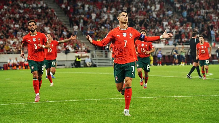 BUDAPEST, HUNGARY - SEPTEMBER 9: Cristiano Ronaldo of Portugal scores and celebrates during the FIFA World Cup 2026 qualifier match between Hungary and Portugal at Puskas Arena on September 9, 2025 in Budapest, Hungary. (Photo by Alexandra Fechete/MB Media/Getty Images)