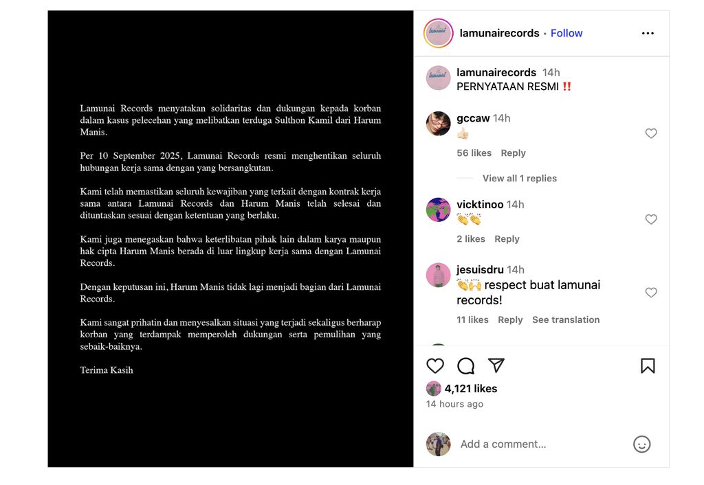 Label Lamunai Records mendepak band Harum Manis setelah riuh dugaan pelecehan yang melibatkan vokalis band pop tersebut, Sulthon Kamil.