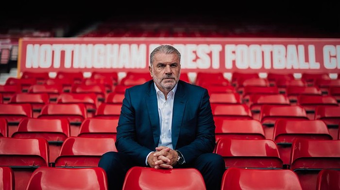 NOTTINGHAM, ENGLAND - SEPTEMBER 11: Ange Postecoglou attends a press conference as he is unveiled as Nottingham Forest head coach at City Ground on September 11, 2025 in Nottingham, England. (Photo by Ritchie Sumpter/Nottingham Forest FC via Getty Images)