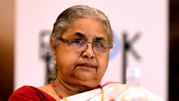 Nepal's former Chief Justice Sushila Karki looks on during the launch of her autobiography 