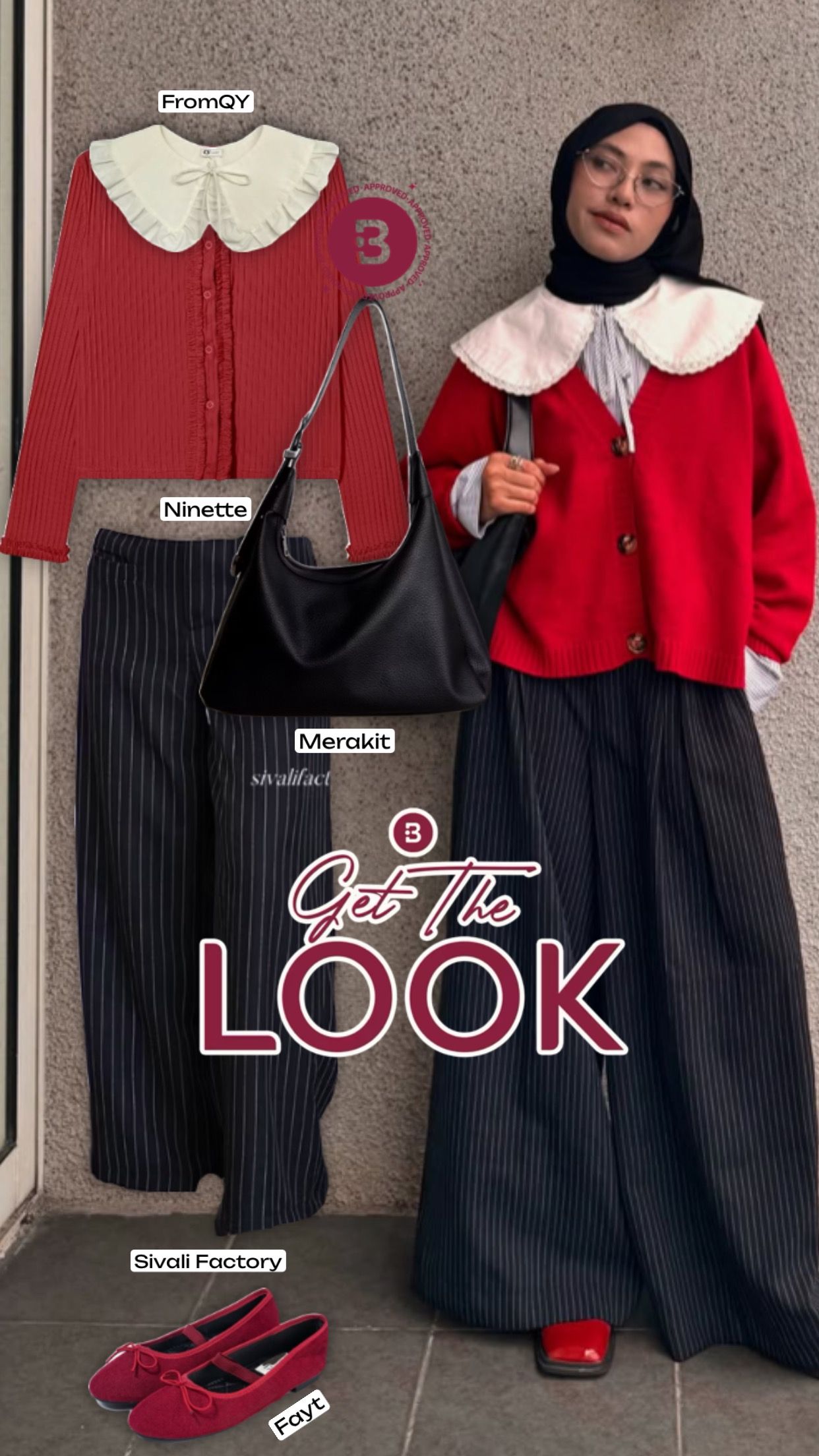 Feby Putri mengenakan knit cardigan berwarna merah yang memberikan kesan bold sebagai statement piece, celana berpotongan longgar dengan motif garis, serta flat shoes berwarna merah yang playful dan girly. Detail kerah peter pan di tampilan Feby ini merupakan ciri dari preppy style yang memberikan kesan manis dan vintage.