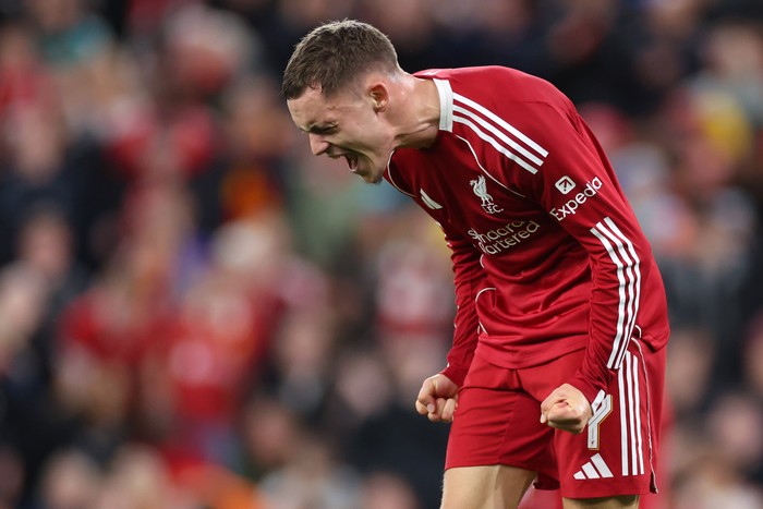 LIVERPOOL, ENGLAND - SEPTEMBER 17: Florian Wirtz of Liverpool rues a missed opportunity during the UEFA Champions League 2025/26 League Phase MD1 match between Liverpool FC and Atletico de Madrid at Anfield on September 17, 2025 in Liverpool, England. (Photo by Marc Atkins/Getty Images)