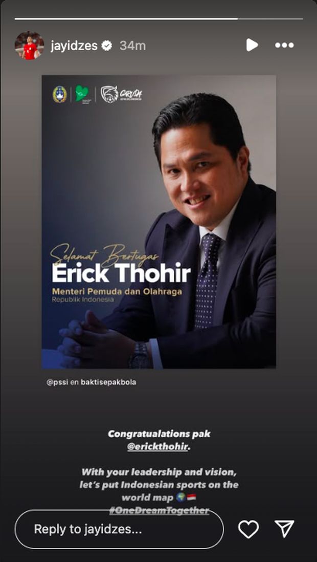 Jay Idzes mengucapkan selamat kepada Erick Thohir yang resmi menjadi Menpora, Rabu (17/9).