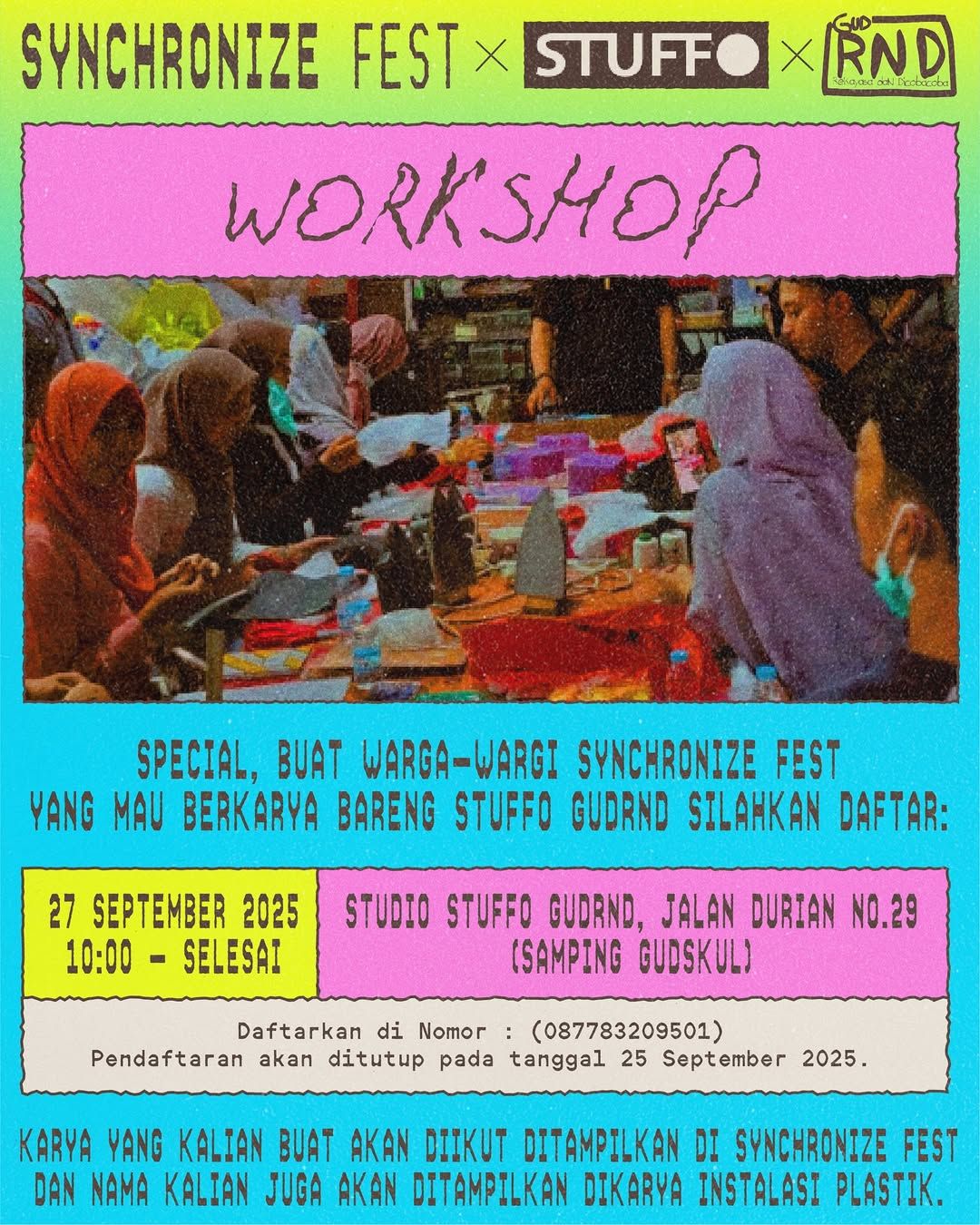 gerakan #GreenMovement, Synchronize Fest berkolaborasi bareng Stuffo Labs. Kolaborasi ini akan menghadirkan karya instalasi dari plastik kantong kresek sebesar 25x6 meter. Karena itulah, Stuffo Labs membutuhkan donatur sampah plastik untuk diupcycle.