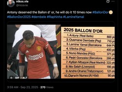 Meme bocoran daftar pemenang Ballon dOr 2025 dengan nama Antony paling atas. Foto: dok. Internet/X (Twitter)