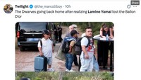 Kekalahan itu membuat Yamal diejek di media sosial. Beragam meme muncul, seperti contoh ini, usai penari pria mini yang sempat diundang ke pesta ultahnya disebut pulang karena Yamal gagal meraih Ballon dOr 2025. (Foto: X.com/@the_marcoliboy)