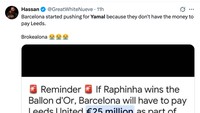 Ada yang juga yang meledek Barcelona lebih senang Yamal menang ketimbang Raphinha, gara-gara terancam bayar kompensasi ke Leeds United. (Foto: X.com/@GreatWhiteNueve)
