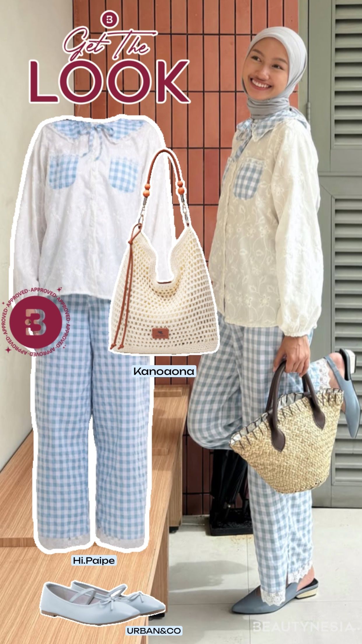 Di look kali ini, Kana tampil girly dan fresh menggunakan one set dengan warna biru dah putih yang manis, dengan detail renda dan motif gingham.
