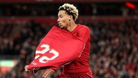 Penyerang yang direkrut Liverpool pada bursa transfer musim panas itu membuka jersey-nya untuk merayakan gol tersebut. Foto: Getty Images/Jan Kruger