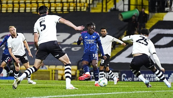 Arsenals Eberechi Eze scores their sides first goal of the game during the Carabao Cup third round match at Vale Park, Stoke-on-Trent. Picture date: Wednesday September 24, 2025. (Photo by Peter Byrne/PA Images via Getty Images)