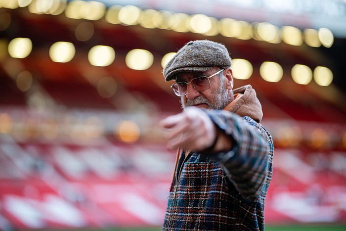 MANCHESTER, ENGLAND - APRIL 5: Eric Cantona reacts at the end of the Premier League match between Manchester United FC and Manchester City FC at Old Trafford on April 5, 2025 in Manchester, United Kingdom. (Photo by Ash Donelon/Manchester United via Getty Images)