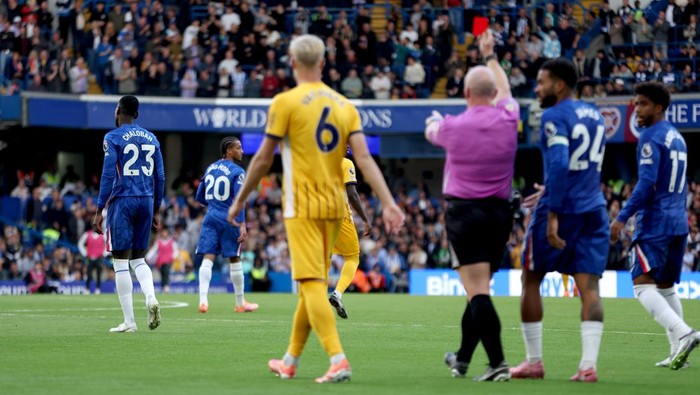 Chelseas Trevoh Chalobah (left) is given a red card during the Premier League match at Stamford Bridge, London. Picture date: Saturday September 27, 2025. (Photo by Steven Paston/PA Images via Getty Images)