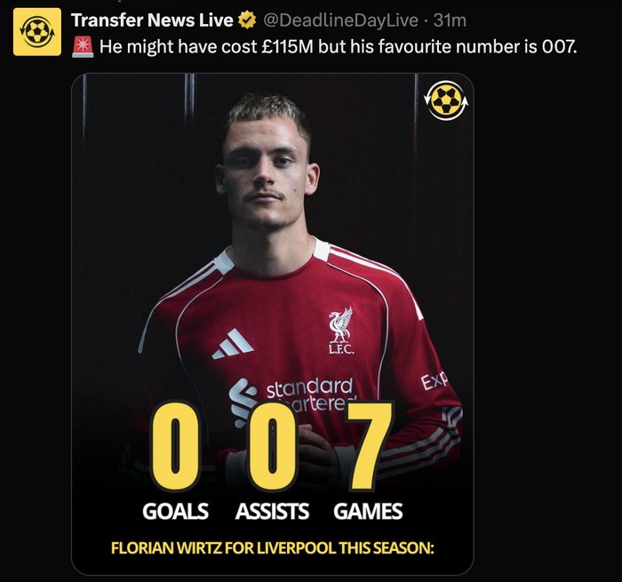 Meme Florian Wirtz diolok-olok jadi James Bond 007 setelah bapuk di tujuh laga beruntun Liverpool.