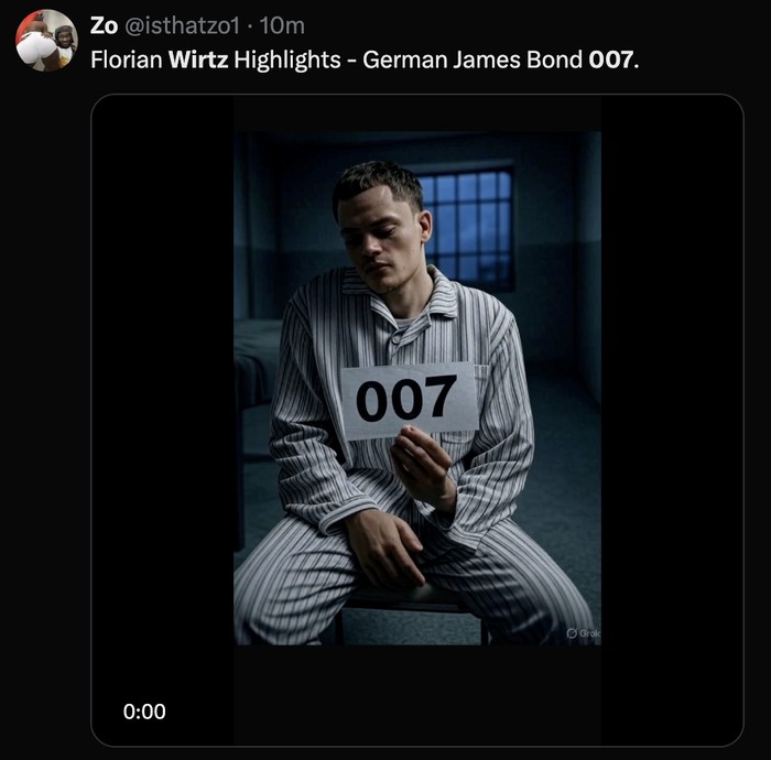 Meme Florian Wirtz Meme Florian Wirtz diolok-olok jadi James Bond 007 setelah bapuk di tujuh laga beruntun Liverpool.