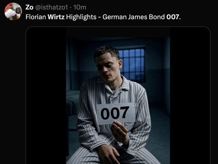 Meme Florian Wirtz diolok-olok jadi James Bond 007 setelah bapuk di tujuh laga beruntun Liverpool.