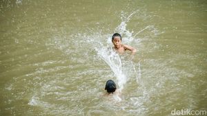 Potret Anak-anak Asyik Berenang di Kalimalang Saat Hujan