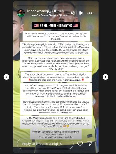 Pemain naturalisasi Malaysia menampilkan pesan soal hukuman FIFA kepada FAM dan rekannya di timnas Harimau Malaya.