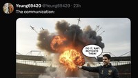 Meme ini menggambarkan para penerbang menjatuhkan bom saat latihan Arsenal sesuai arahan Arteta, guna memotivasi para pemain. Ada-ada saja, ya! (Foto: Twitter)