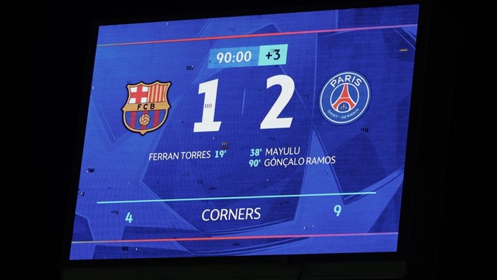 BARCELONA, SPAIN - OCTOBER 01: Illustration of final score of the game after the UEFA Champions League 2025/26 League Phase MD2 match between FC Barcelona and Paris Saint-Germain at Estadi Olimpic Lluis Companys on October 01, 2025 in Barcelona, Spain. (Photo by Xavier Laine/Getty Images)